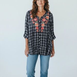 Embroidered Plaid Women's Top
